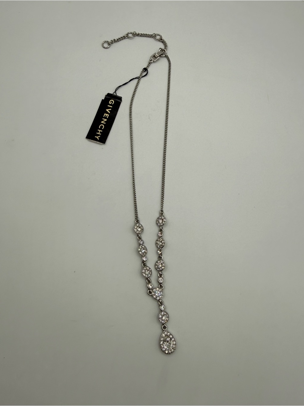 Givenchy Crystal Teardrop Y Necklace Silver Tone Rhinestone Statement Necklace - Picture 8 of 13